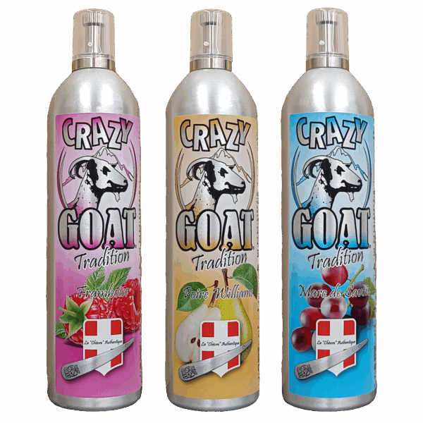 Bouteilles de boisson la chèvre Crazy Goat 3 parfums: Framboise, Poire Williams, Marc de Savoie