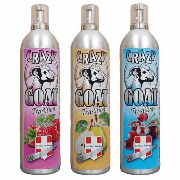 Bouteilles de boisson la chèvre Crazy Goat 3 parfums: Framboise, Poire Williams, Marc de Savoie