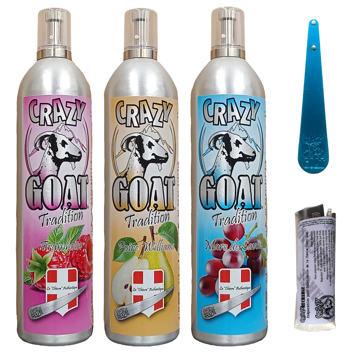 Boisson la chèvre Crazy Goat disponible en trois parfums : Poire Williams, Marc de Savoie et Framboise. Le Crazy Outil et la Crazy Recharge