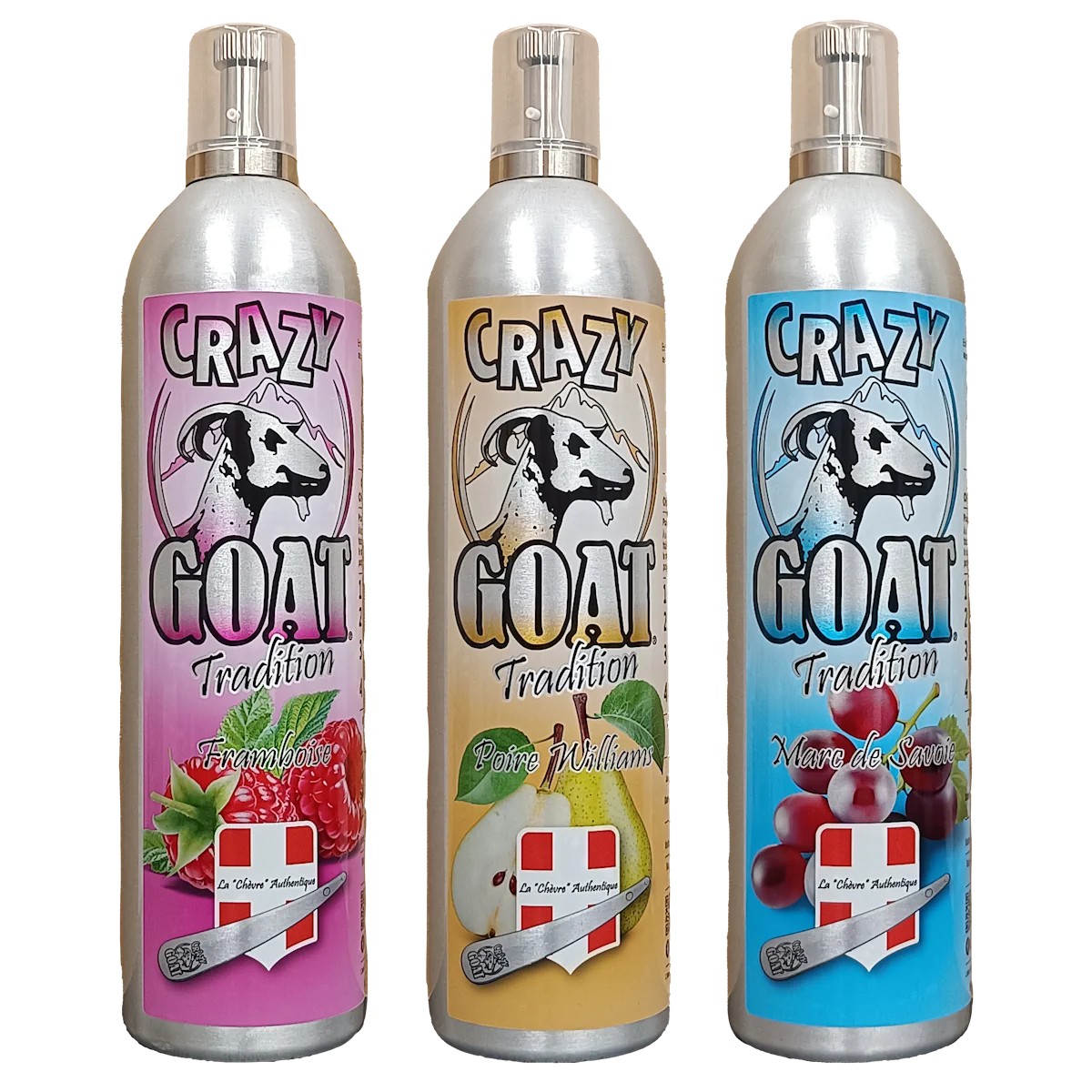 Boisson la chèvre Crazy Goat, 3 parfums : Poire Williams, Marc de Savoie et Framboise.