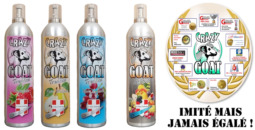 Bouteilles de chèvre des Alpes Crazy Goat La chèvre Crazy Goat Tradition saveurs Framboise, Poire Williams et Marc de Savoie